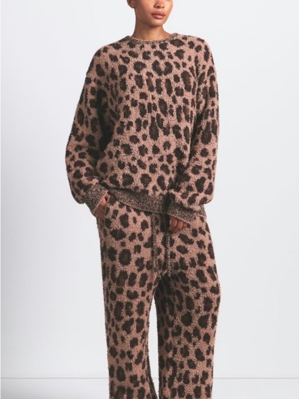 SKIMS oversized Leopard Teddy Crewneck and Pants Set - leopard print size xxs